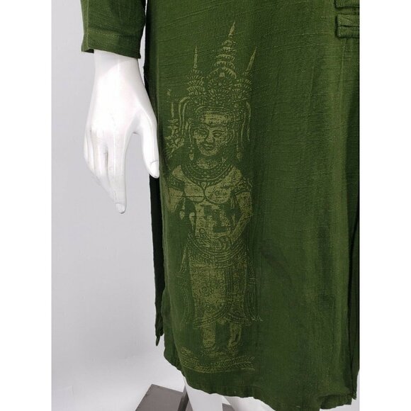 Endless Knot Art Jacket Womens Small Tibetan Goddess Print Tunic Green Linen - Picture 2 of 7